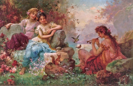 Flute singer - pictura, hans zatzka, painting, flute, girl, singer, art