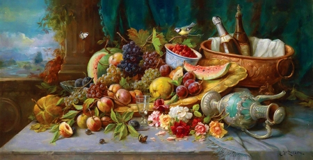 Still life - still, bird, blue tit, life, pasari, pictura, hans zatzka, pitigoi, painting, fruit, art