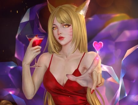 Ahri - heart, fox, girl, pink, ahri, thao anh, fantasy, red, luminos, jidu276