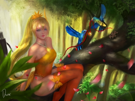 :) - thao anh, bird, mforest, yellow, girl, blue, fantasy, orange, pasari, luminos, jidu276, green