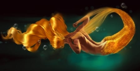 Golden Mermaid - girl, wallpaper, fantasy, gold, art, yellow, pretty, siren, beautiful, mermaid, digital, sea