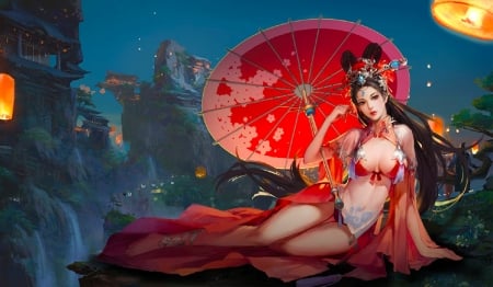 Woman and Parasol - pretty, girl, fantasy, parasol, red, digital, woman, exotic, art, wallpaper