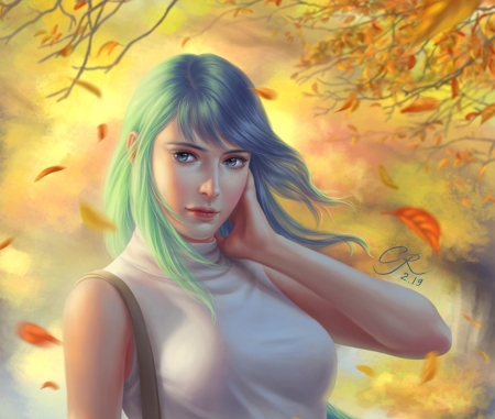 Autumn girl - wind, yellow, girl, frumusete, crystal rain, blue, leaf, orange, hair, luminos, autumn