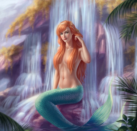 Mermaid - redhead, vara, girl, furmusete, summer, waterfall, fantasy, mermaid, siren, luminos, crystal rain, blue