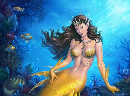 Mermaid - yellow, summer, blue, girl, fantasy, mermaid, underwater, candra, fish, vara, luminos