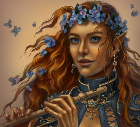 Joxina - blue, portrait, girl, flower, elf, fantasy, instrument, redhead, hand, flute, shade of stars, face, art