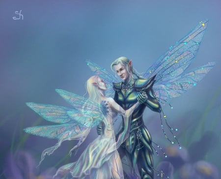 Fairy dance - blue, girl, man, frumusete, fantasy, wings, fairy, shade of stars, dance, couple, luminos, dragonfly