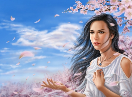 Spring came - girl, frumusete, fantasy, cherry blosssom, wind, spring, pink, hand, luminos, blue, crystal rain, flower