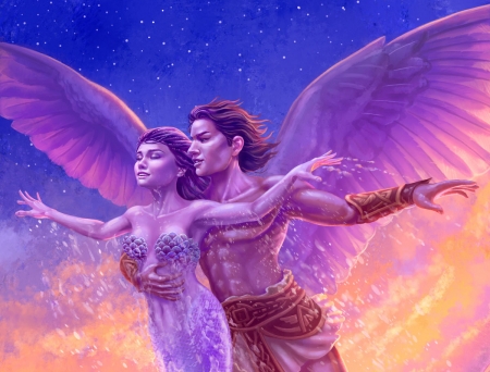 Star Crossed Lovers - yasumatsuoka, blue, angel, pink, man, frumusete, fantasy, wings, couple, luminos, sky