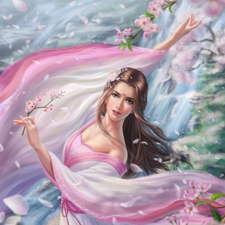 Cherry Blossom Dance - dance, girl, frumusete, fantasy, spring, cherry blossom, pink, luminos, crystal rain, blue, pastel, green, flower