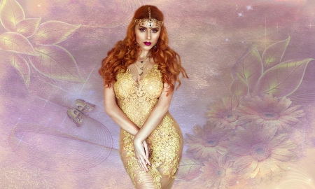 Sensual Woman in Gold - gown, delicate, beauty, model, sheer, redhead, gold, lovely, femimine