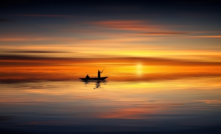 Sunset - water, summer, blue, johannes plenio, boat, sea, silhouette, orange, sunset, vara, sky