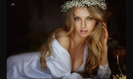 Beauty - woman, girl, wreath, dmitry arhar, black, model, white, flower, blonde