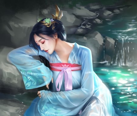 ♥ - fantasy, water, blue, girl, chaoqun wang, kimono, asian, luminos