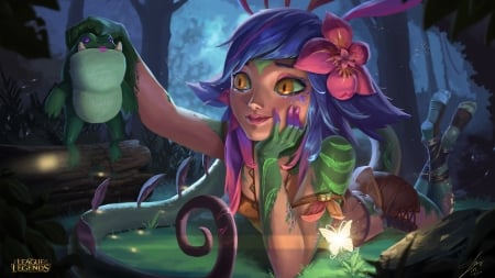 Neeko - girl, haoyu feng, fantasy, butterfly, lol, pink, blue, neeko, green, chameleon