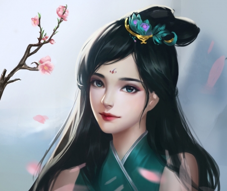 Princess - face, hua jin, girl, luminos, green, asian, fantasy