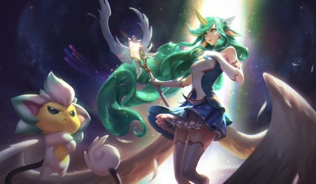 Soraka - fantasy, green, wings, girl, soraka, lol, unicorn, luminos