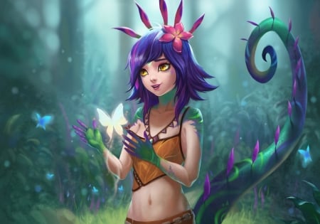 Neeko - girl, weble, fantasy, butterfly, lol, pink, luminos, blue, neeko, chameleon