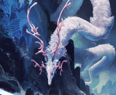 Dragon - spirit, blue, pink, fantays, mountain, horns, white, dragon, thomas chamberlain keen, art, luminos