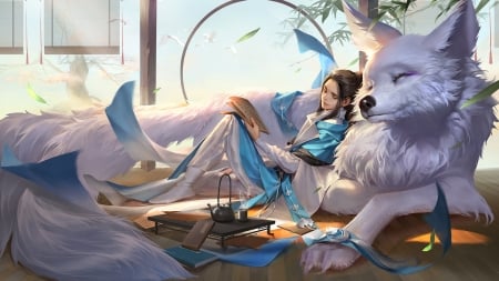 â™¥ - vulpe, frumusete, fantasy, white, fox, yang ningyuan, sleep, luminos, man, blue