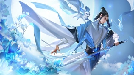 â™¥ - frumusete, asian, fantasy, wind, white, fox, yang ningyuan, luminos, man, blue