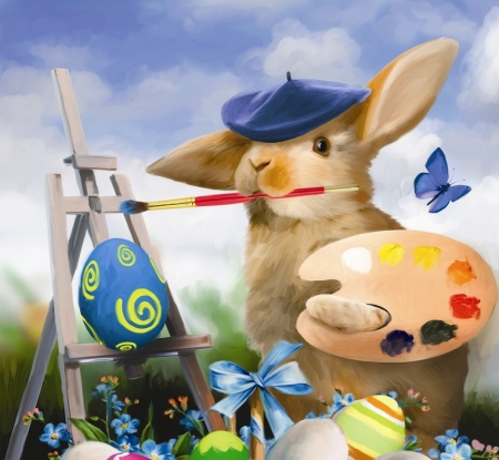 Now that's art! - artist, hat, easter, funny, bunny, fantasy, tom wood, butterfly, animal, egg