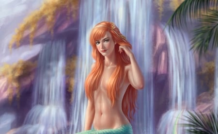 Mermaid - summer, waterfall, girl, crystal rain, art, fantasy, mermaid, luminos, vara