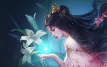 Lily's magic - princess, magic, frumusete, fantasy, lily, pink, hand, luminos, blue, flower