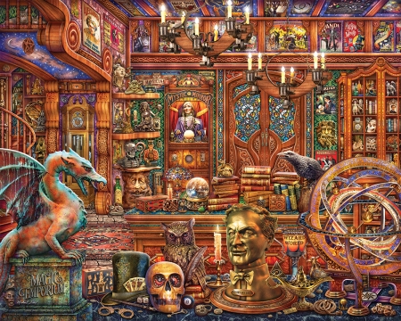 Mr Curio's Magic Emporium - collage, room, dragon, fantasy, raven, bird