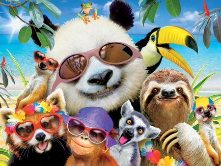 Selfie - selfie, glasses, lemur, red panda, summer, funny, fantasy, bird, panda, animal, monkey