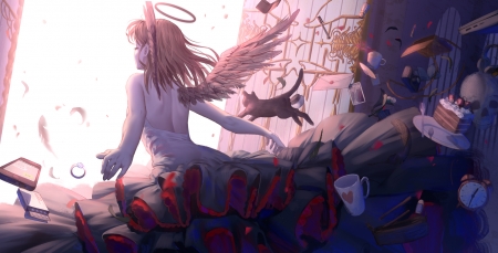 Angel - stuff, cat, angel, girl, ji dao ji, pisici, wings, cup, cake, pink, anime, manga