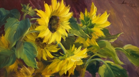 Good Day Sunshine! - yellow, summer, pictura, sunflower, green, painting, andrew orr, art, vara