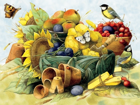 â™¥ - sunflower, pitigoi, blue tit, fruit, bird, painting, art, butterfly, pasari, pictura, bastin marjolein