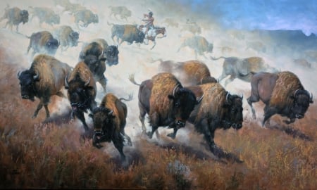 Bisons - pictura, animal, herd, running, bison, painting, jack sorenson, art