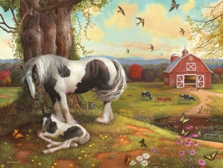 Asleep on the farm - painting, sleep, art, farm, horse, pictura, cal