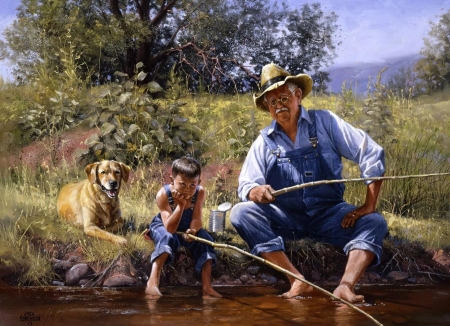 Fishin' with Grandpa' - summer, jack sorenson, child, copil, water, granfather, pictura, fisher, hat, vara, painting, boy, man, dog