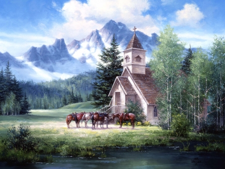 Church - pictura, painting, jack sorenson, church, cal, art, horse