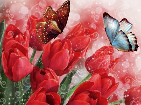 Red Tulips - tulips, red, green, butterflies