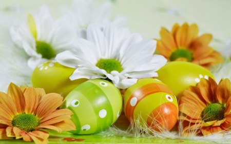 flowers and eggs - white, eggs, orange, green, flowers