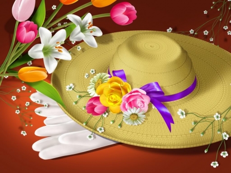 Spring Bonnet - hat, flowers, easter, bonnet, white, straw, spring, gloves