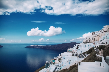 Greek Paradise - calm, clouds, pretty, blue, sea, ocean, white, nature, greece