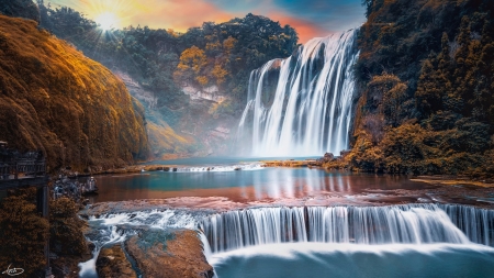 Huanggoshu Waterfall in China - nature, sky, forest, sun, water