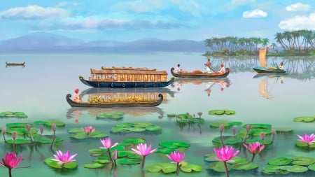 India - painting, boats, sea, lotus flowers