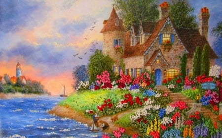 Roses Cottage - painting, house, roses, river