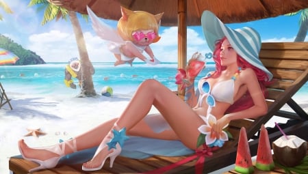 :-) - drink, beach, girl, vara, hat, summer, fantasy, yueyue