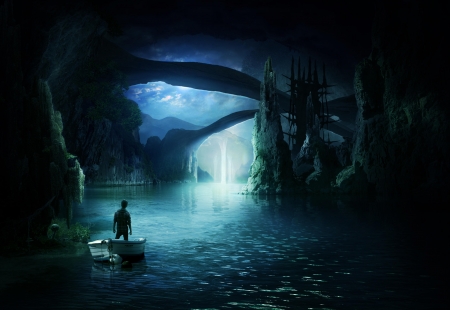 :-) - cave, water, summer, blue, boat, sea, silhouette, elenadudina, fantasy, grota, elena dudina, vara, luminos