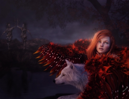 Redhead angel and wolf - white, wolf, redhead, girl, luminos, red, shibashake, fantasy