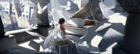 Girl playing piano - piano, bird, dove, girl, frumusete, pasari, fantasy, instrument, white, art, panjoool, luminos