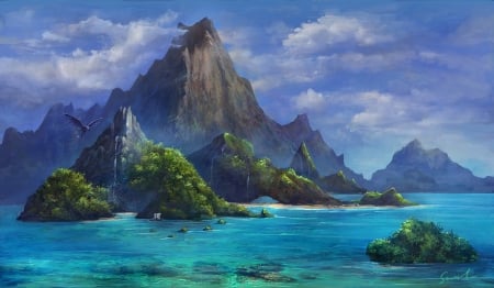 Paradise - martyna szczykutowicz, water, summer, blue, ship, sea, mountain, frumusete, fantasy, dragon, cloud, vara, luminos