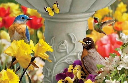 Feeling of Spring - art, blossoms, digital, flowers, butterflies, birds